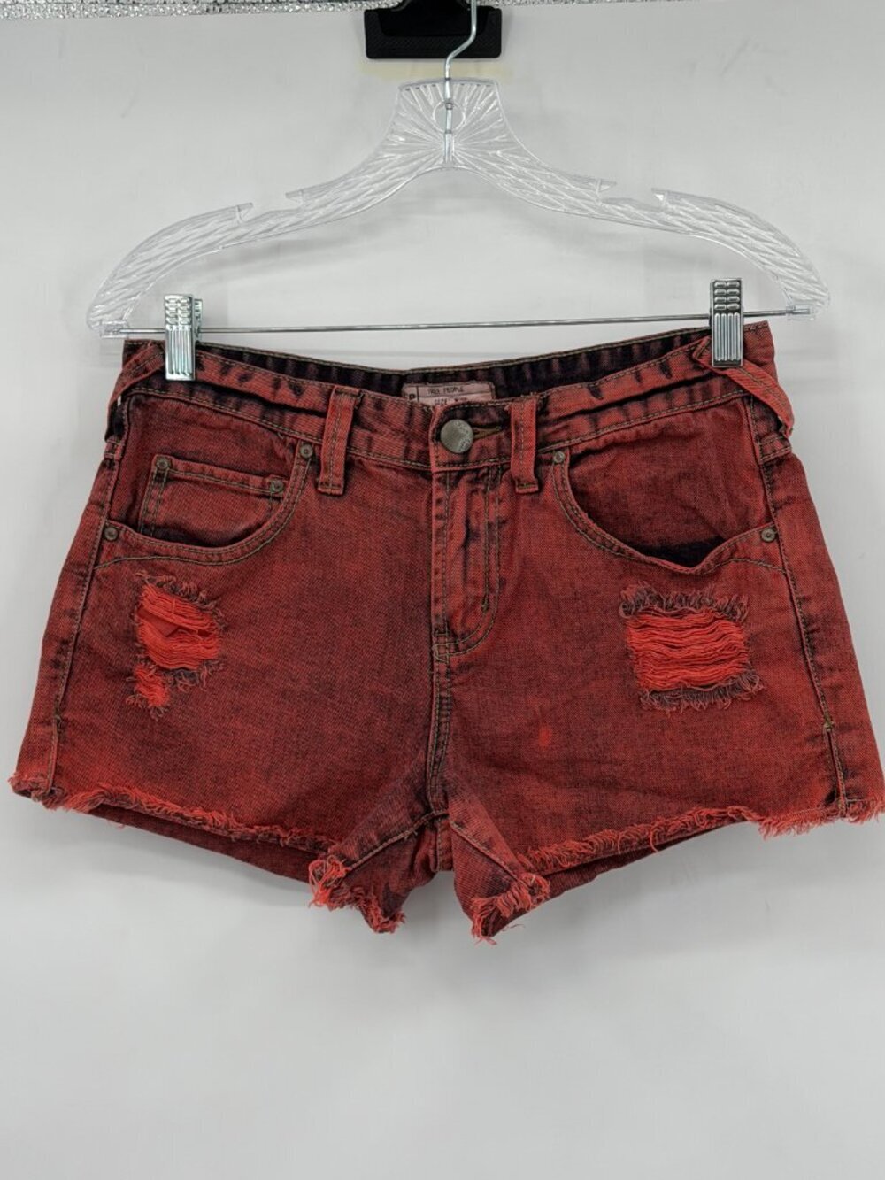 Free People Red Distressed Denim Shorts Women Size 26 Frayed Hem